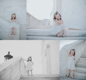 Little girl playing on the marble stairs of the Detroit Institute of Arts