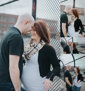 Pregnant couple laughing in the Eastern Market in Detroit, MI with the adopted dog