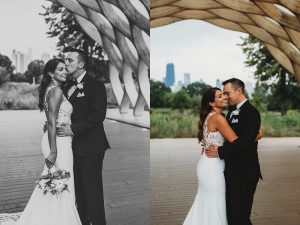 bride and groom kissing with the Chicago skyline behind them