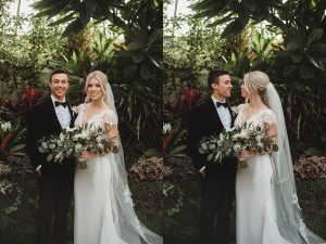 bride and groom smiling in belle isle conservatory