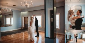 bride and groom dancing in front of mirror belle isle boathouse