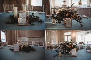 blue table cloth, floral center pieces, clear framed table number wedding reception decor belle isle boathouse