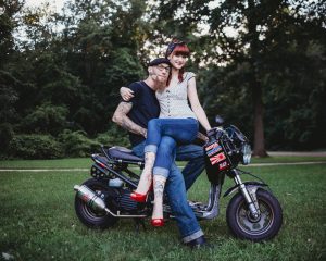 rock-a-billy engagement pictures couple on moped northville mi
