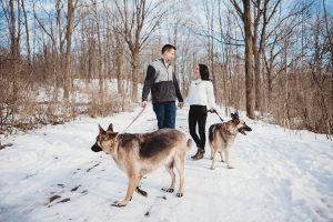 couple laughing at maybury state park with german Shepards going for a walk