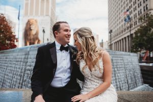 bride and groom laughing in campus Martius