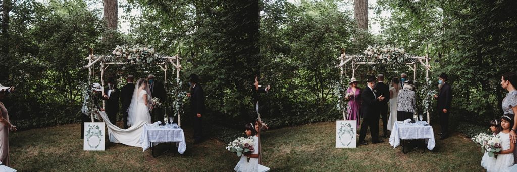 jewish orthodox wedding ceremony in a back yard under a white birch huppah 