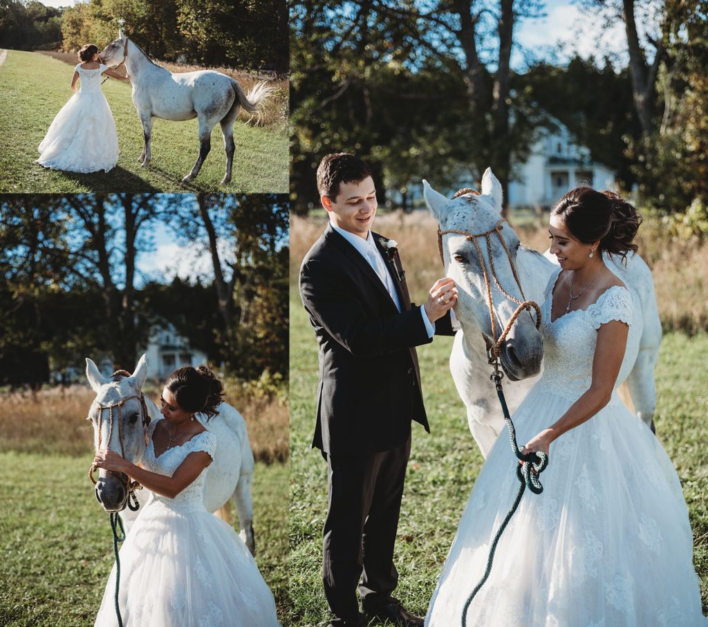 bride and groom with their white horse smiling and petting the horse