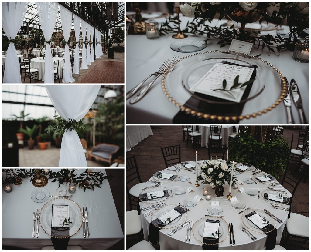 All white, black and gold wedding reception decor. Elegant and classy decor for a wedding reception 