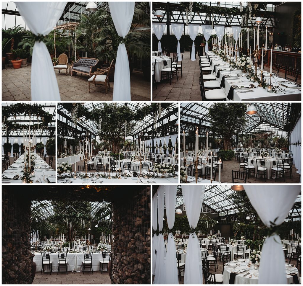 beautiful set up for a classic style wedding reception. All black, white and gold decor. in a greenhouse. tables with white candles and gold clear chargers. 