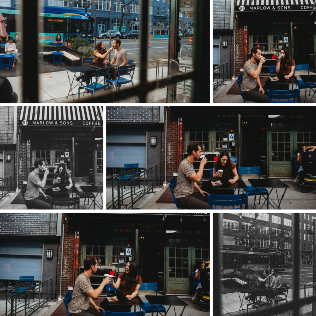 Couple enjoying a cup of coffee outside a small cafe in Brooklyn, NY on a beautiful fall day