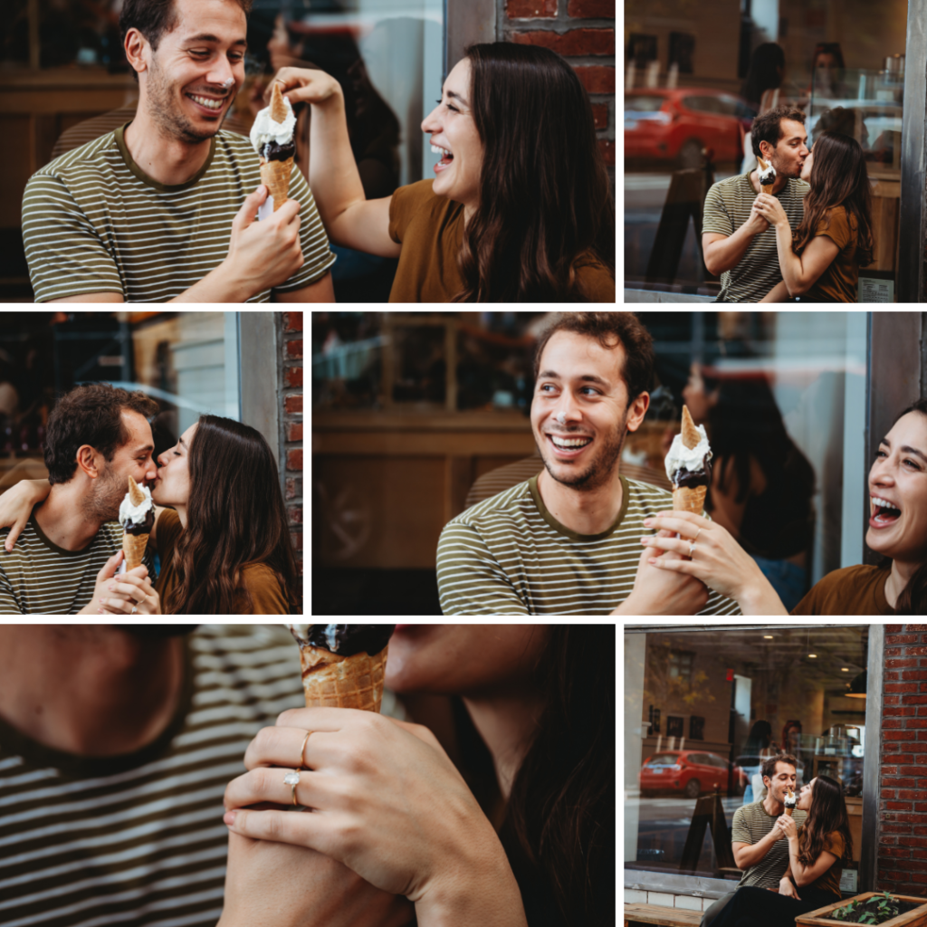 Engagement photos of a couple eating gelato outside of a small shop in Brooklyn New York 